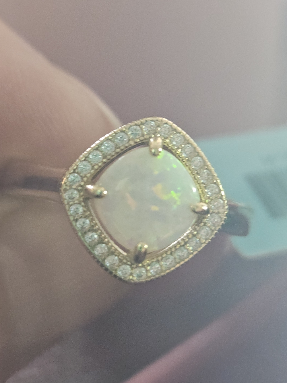 Brand New - 925 Sterling Silver Opal Halo Cocktail Ring in White Opal and Gold 9